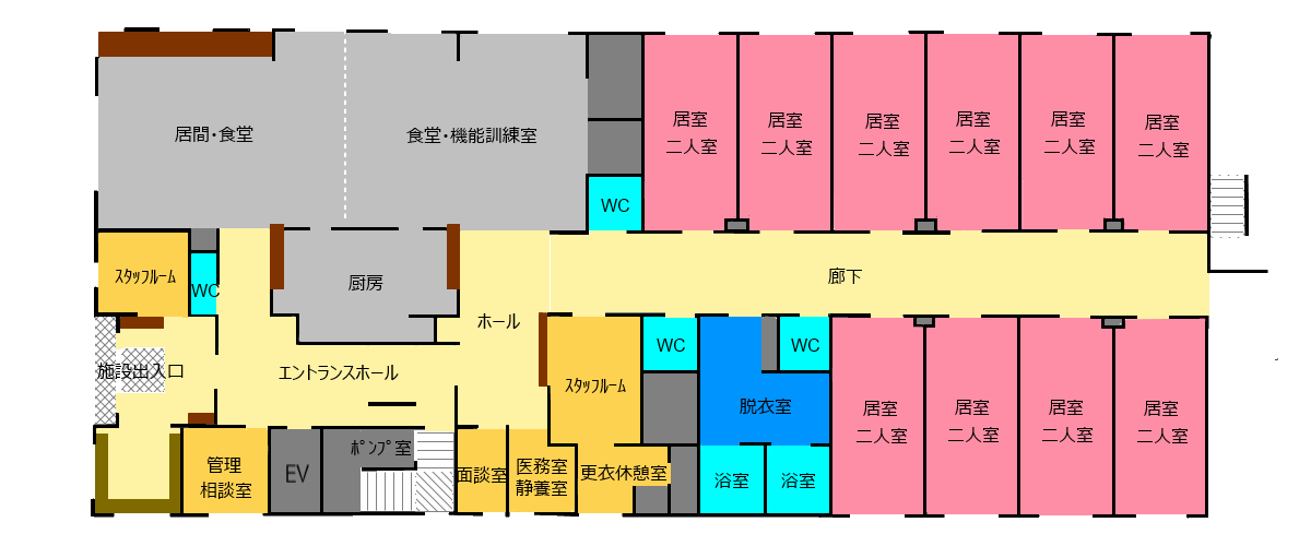 ショートステイ　プロケア　つなぐ　一階　平面図　食堂　機能訓練室　診察室　スタッフルーム　浴室　機械浴　居室二人部屋