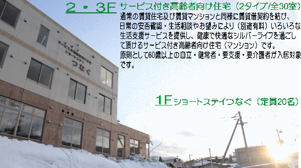 2013年11月　開設予定　ショートステイ　サービス付き高齢者向け住宅　サ高住　つなぐ　外観図　各階の紹介